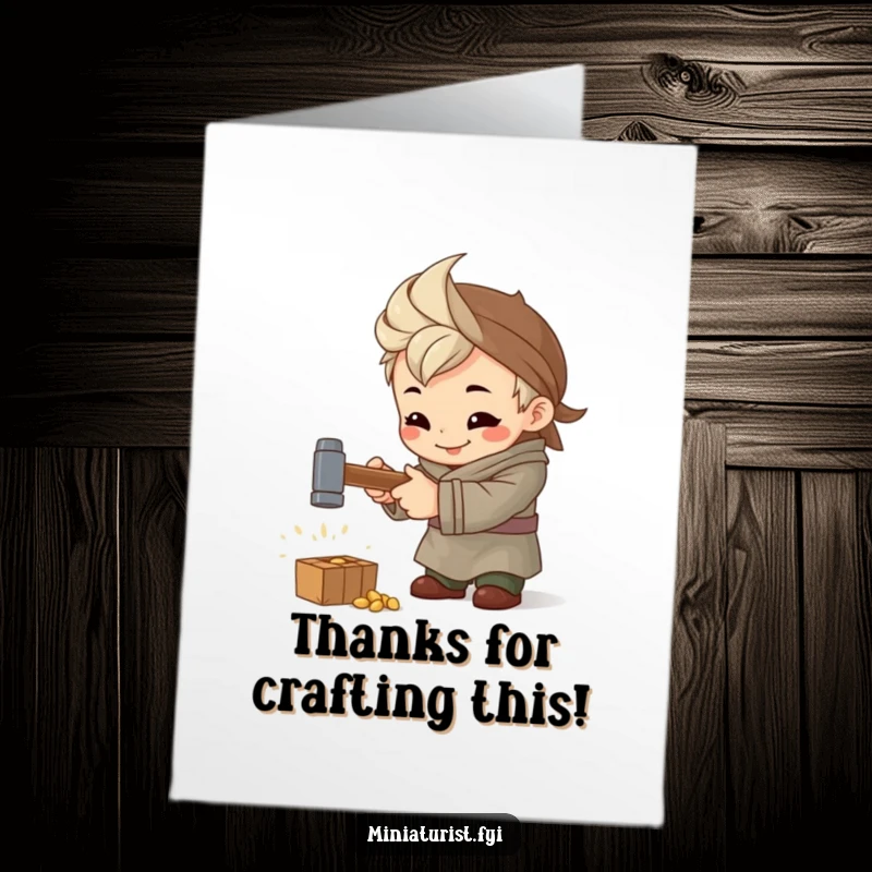 Funny Free Printable Thank You Card: A tiny artisan intently hammering a small object with a focused, happy expression.