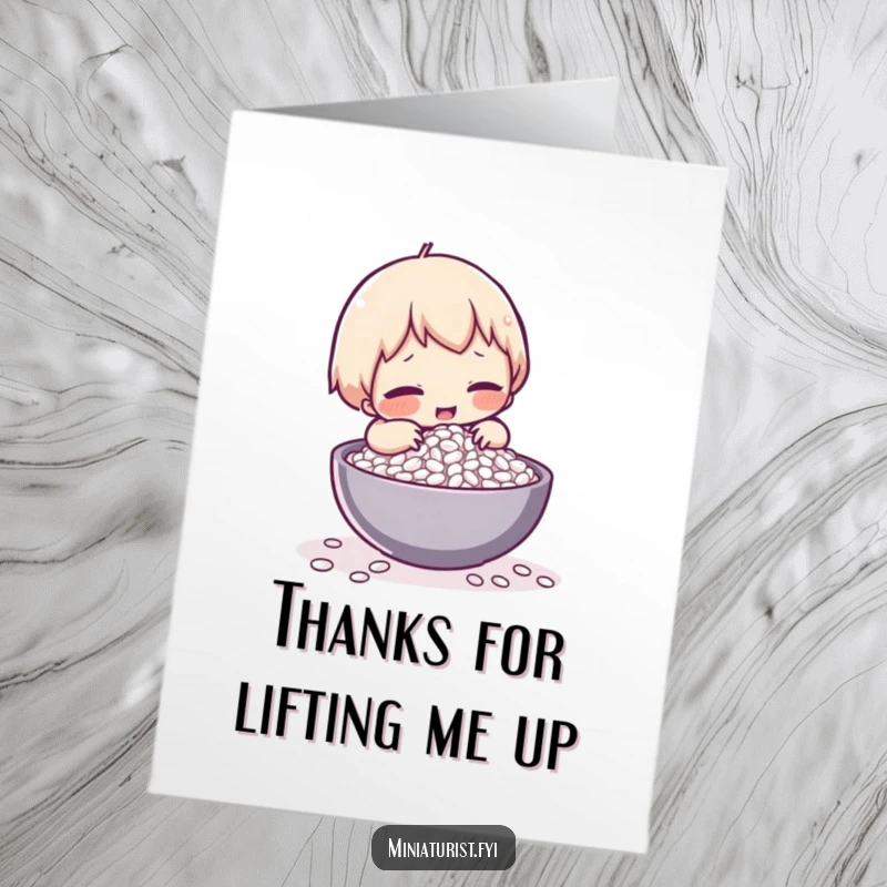 Funny Free Printable Thank You Card: Tiny character comically straining to lift one single grain of rice, a mighty struggle.