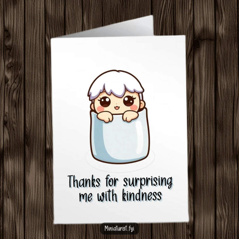 Funny Free Printable Thank You Card depicting a miniature character peeking out from a thimble with a comically surprised expression.