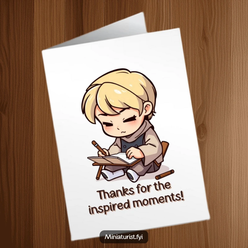 Funny Free Printable Thank You Card: A miniature artisan sketching with fierce determination on a tiny notepad.