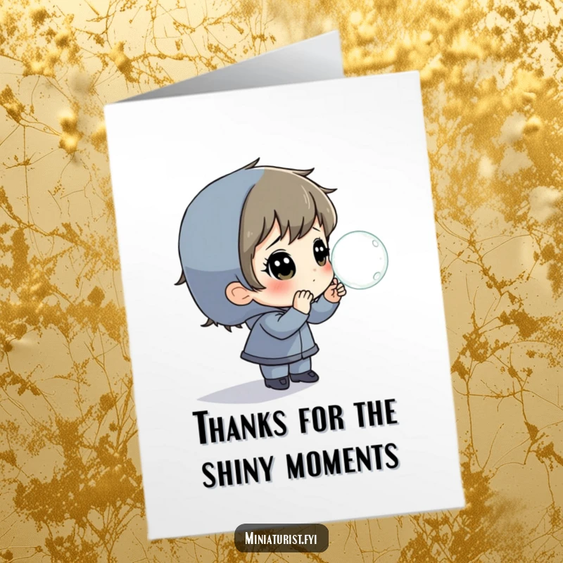 Funny Free Printable Thank You Card: Tiny character observes a giant dewdrop with wonder, a comical way to say thanks.