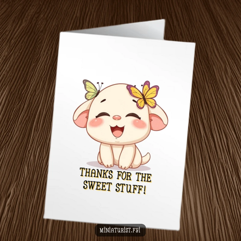 Funny Free Printable Thank You Card: Miniature character laughs with glee as a butterfly lands on its nose, a charming thank you.