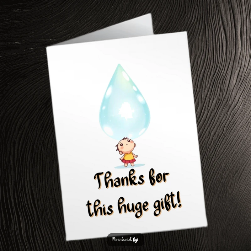 Funny Free Printable Thank You Card: Character marvels at a giant sparkling dewdrop, a thoughtful DIY thank you.