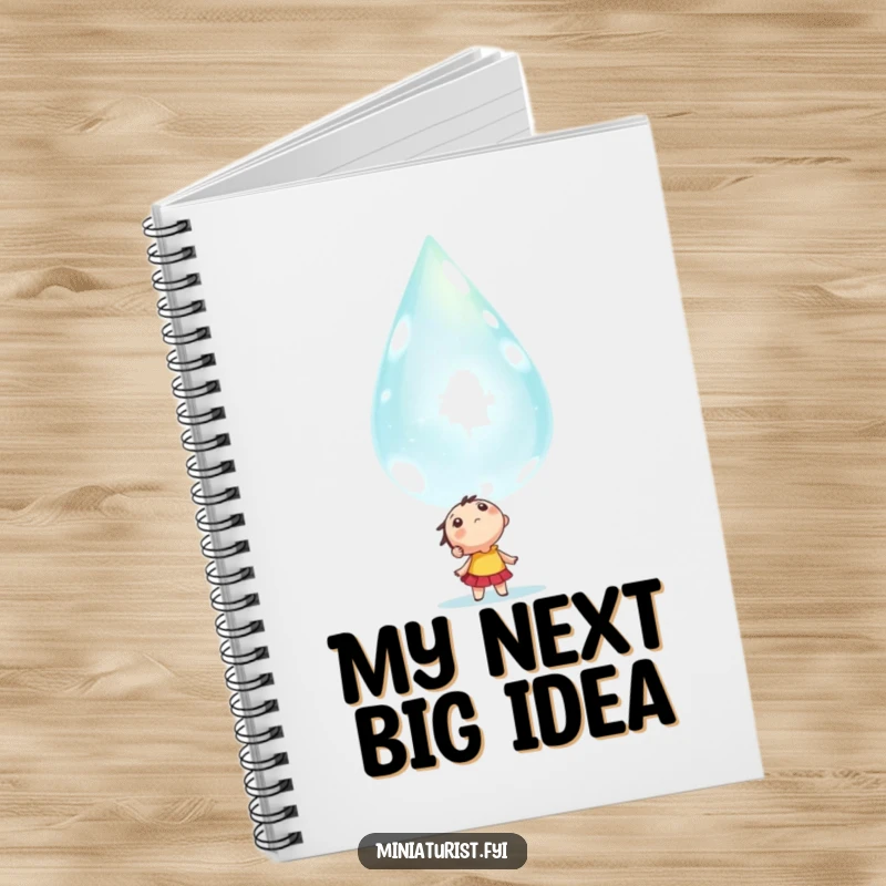 Funny tiny character looking up in awe at a colossal, sparkling dewdrop, featured on the cover of a notebook.