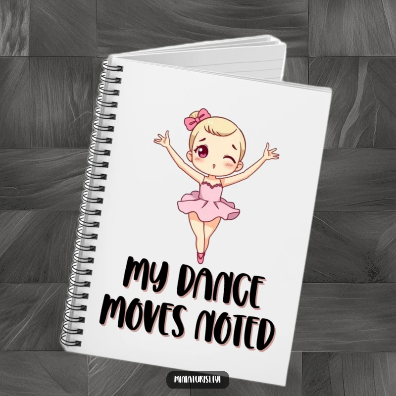 Funny miniature macaron notebook with a tiny character in an exaggerated ballet pose, ideal for notes.