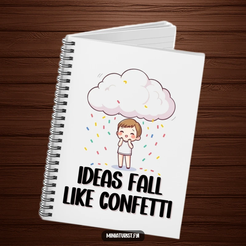 Funny Notebook: A miniature character surprised by a tiny cloud showering them with colorful confetti, perfect for notes.