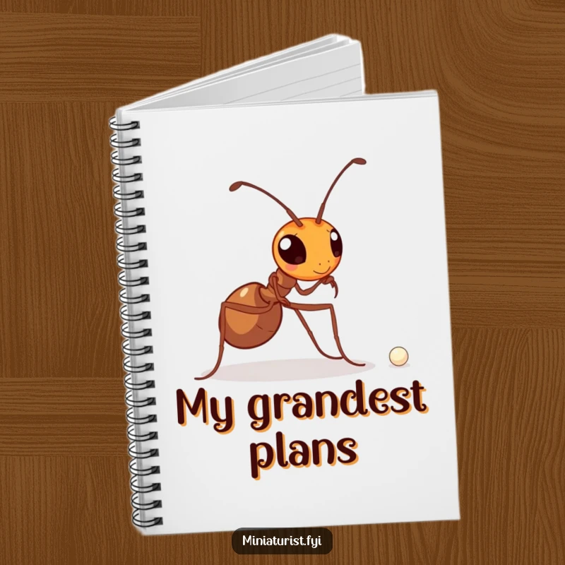 Funny notebook cover with a determined ant carrying a minuscule pearl, encouraging perseverance and focus on goals.