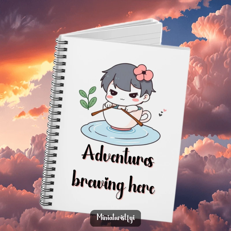 Funny notebook featuring a determined miniature character rowing a teacup across a puddle, ideal for journaling.