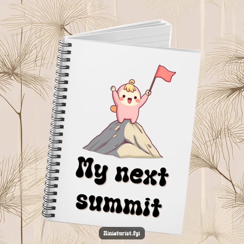 Funny notebook cover with a cute character waving a small flag on a mountaintop, perfect for jotting down ideas with humor.