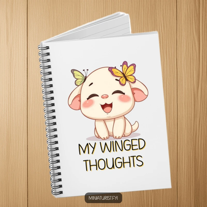 Funny notebook cover with a miniature character laughing as a butterfly lands on its nose, perfect for jotting down ideas humorously.