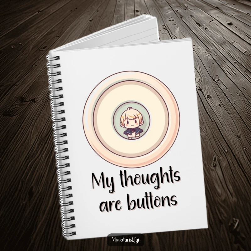 Funny notebook cover with a miniaturist character humorously peeking from a massive, upside-down button, perfect for note-taking.