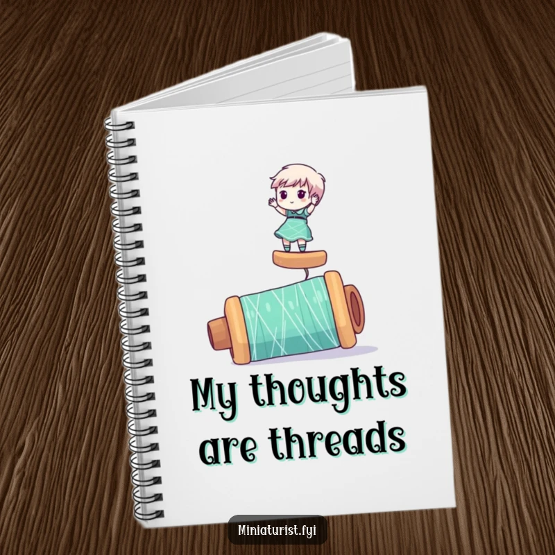 Funny notebook cover with a miniaturist character humorously balancing on a massive spool of thread, perfect for note-taking.