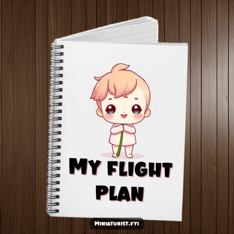 Funny Notebook cover art of a proud miniature character holding a large dandelion seed, perfect for planning.