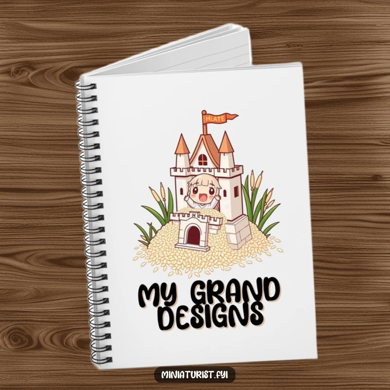 Funny, minuscule character building an intricate castle from rice grains on the cover of a lined notebook for planning grand projects.