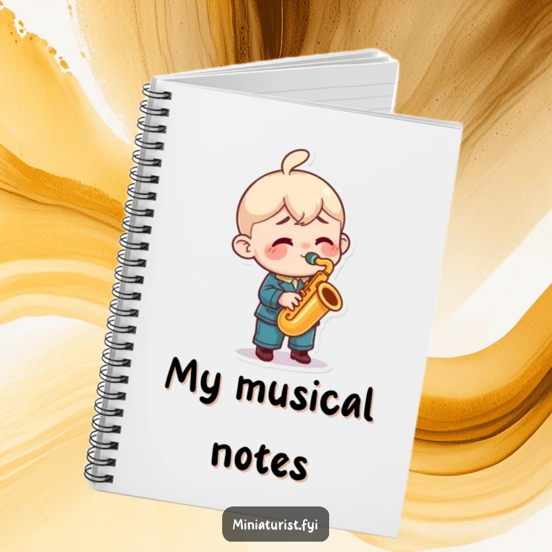 Funny saxophone notebook with a miniature character playing a tiny saxophone enthusiastically, perfect for capturing musical ideas and notes.