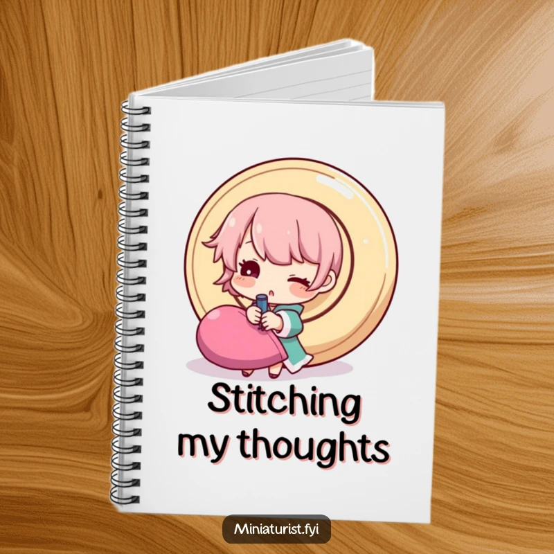 Funny sewing notebook with a tiny winking character attempting to sew a giant button, inspiring humorous and organized note-taking.