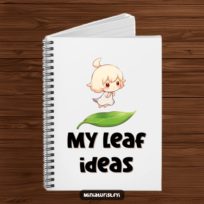 Funny notebook cover with a tiny character riding a leaf, carried by a gentle breeze, perfect for jotting down ideas humorously.