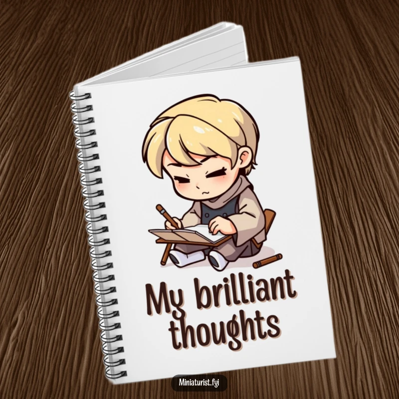 Funny Artisan Sketcher Notebook depicting a small figure sketching on a tiny notepad with determination, perfect for planning and note-taking humorously.