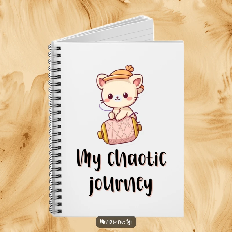 Funny Notebook: A cute animal character with a tiny hat rides a runaway spool of thread, inspiring fun notes.