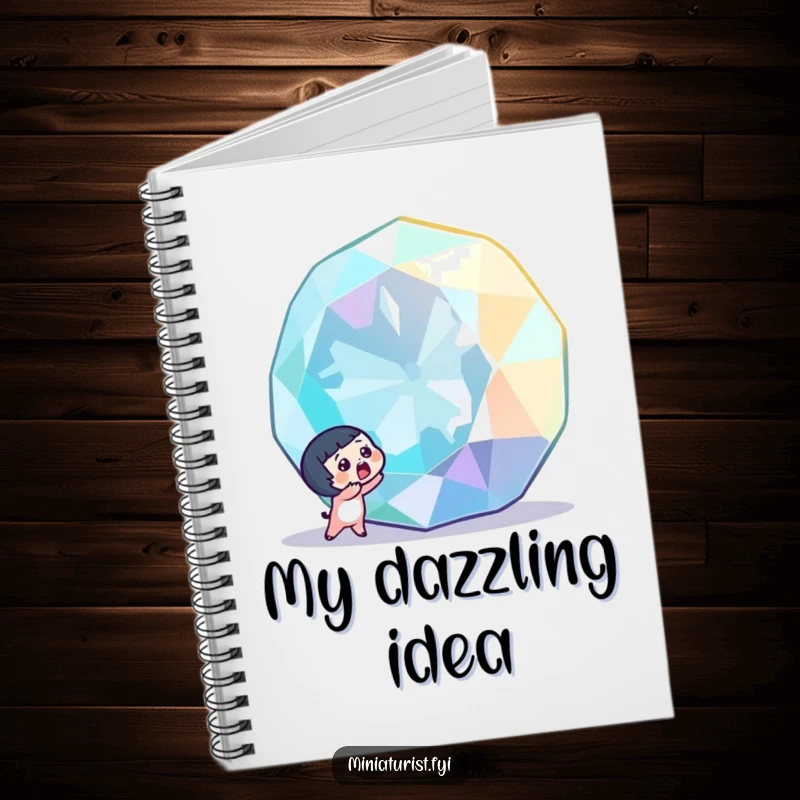 Funny tiny character with a surprised gasp, discovering a colossal, sparkling gemstone, inside a handy notebook for all your discoveries.