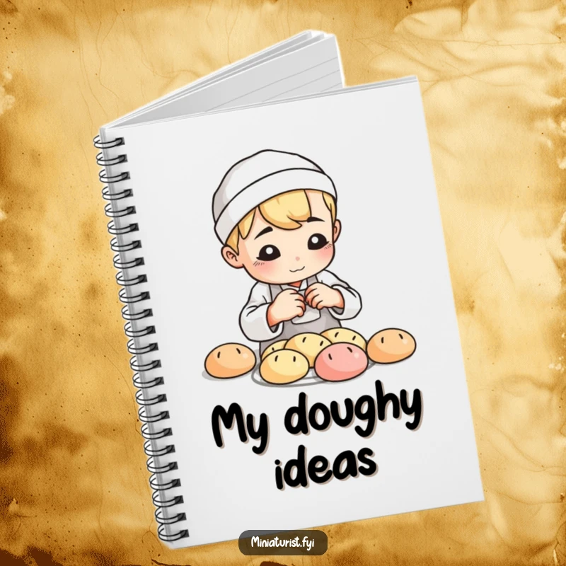 Funny Baker Loaf Notebook, journal with a small baker shaping tiny bread loaves with playful concentration, for recipes.