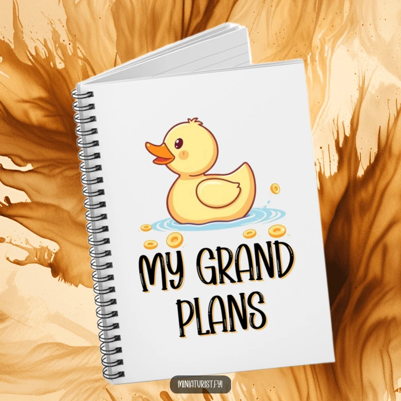 Funny notebook cover with a tiny rubber ducky paddling a giant cereal flake, inspiring humorous notes and ideas.
