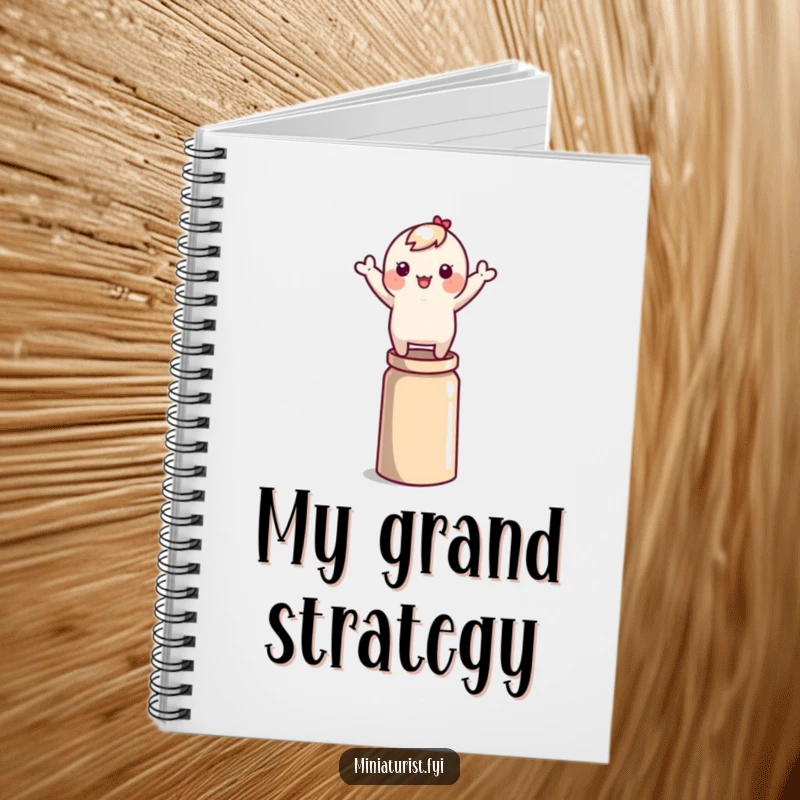 Funny tiny character precariously balancing on a thimble, arms waving, featured on the cover of a notebook.