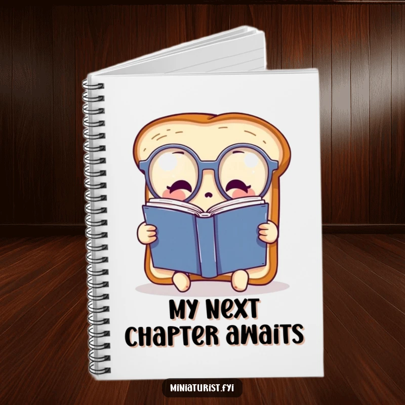 Funny miniature toast character wearing oversized spectacles, reading a huge book, adorning a notebook for capturing smart ideas and notes.