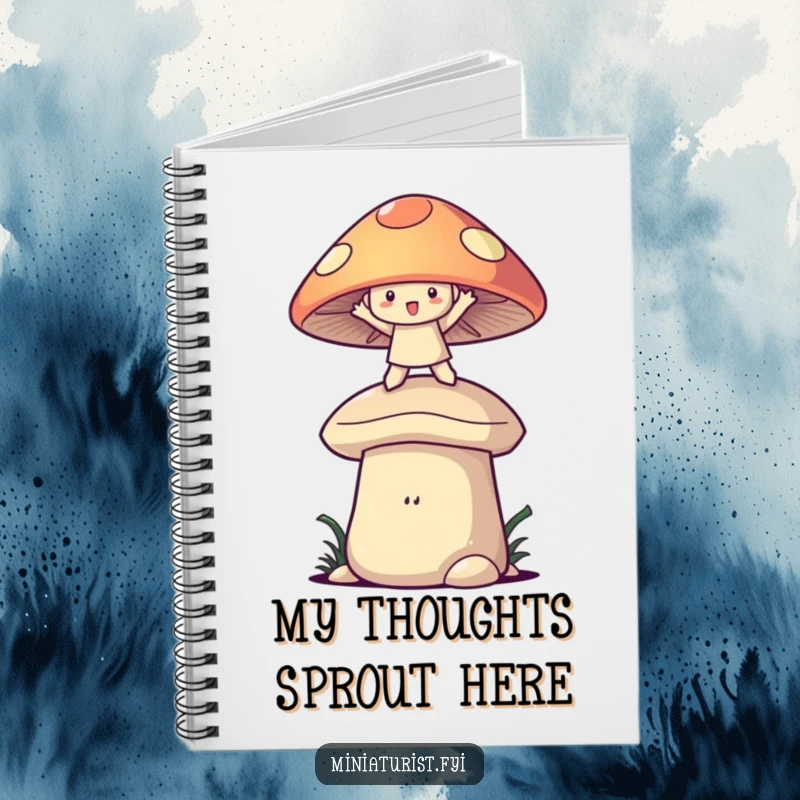 Funny mushroom balance notebook with a character balancing on a mushroom cap, perfect for jotting down whimsical thoughts and ideas.
