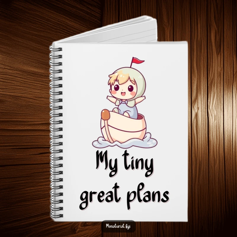 Funny miniature character joyfully riding a thimble like a boat on the cover of a lined notebook, symbolizing adventure.