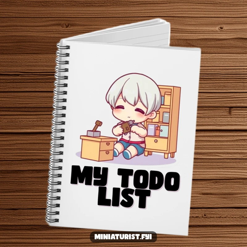 Funny Tiny Fixer Notebook depicting a small figure using a tool on miniature furniture, perfect for planning and note-taking with humor.