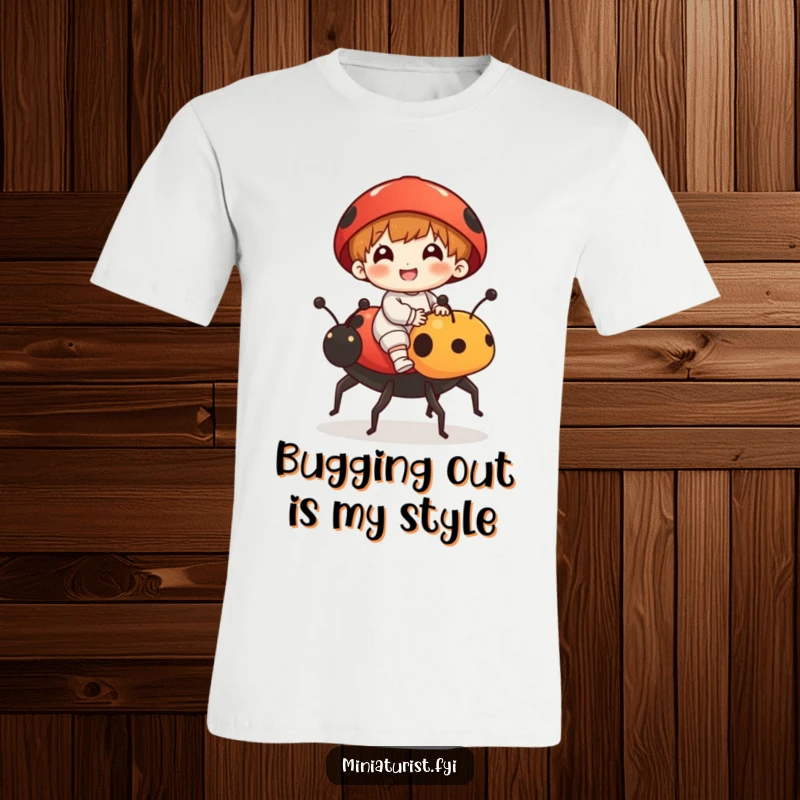 Funny t-shirt with a small figure joyfully riding a large ladybug, like a tiny brave equestrian, conveying pure delight and adventure.