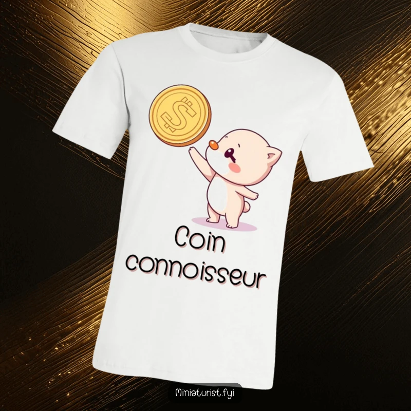 Funny t-shirt depicting a small character attempting to balance a giant coin on its nose, highlighting comical effort and a playful spirit.