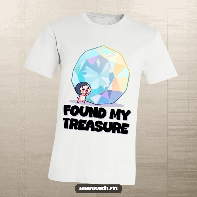 Funny tiny character with a surprised gasp, discovering a colossal, sparkling gemstone, featured on this comfortable and eye-catching graphic tee.