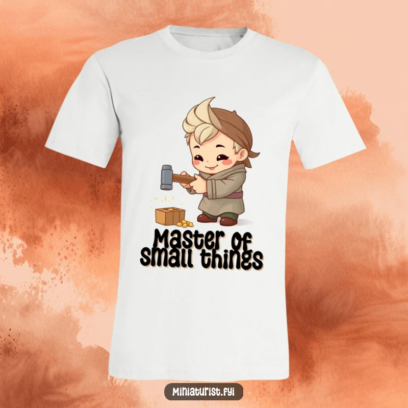 Funny Artisan Hammer T-Shirt, small figure hammering a tiny hammer with intense concentration and a happy expression, skilled.
