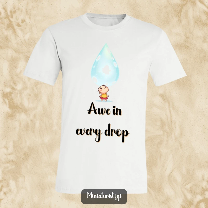 Funny tiny character gazing upwards in awe at a giant, sparkling dewdrop, printed on a soft and beautiful t-shirt.