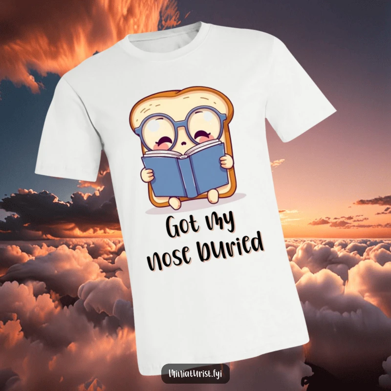 Funny miniature toast wearing oversized spectacles, deeply engrossed in a massive book, printed on a comfortable t-shirt.