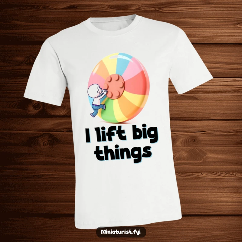 Funny T-Shirt: A miniature character struggles to lift an oversized, colorful button, showcasing valiant effort.