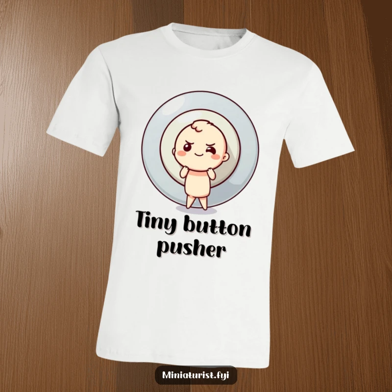 Funny t-shirt depicting a small determined character attempting to push a massive button, embodying willpower and effort.