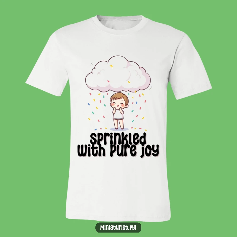 Funny Confetti Rain T-Shirt: Tiny Surprise Character in Miniature Cloud, Humorous Tee