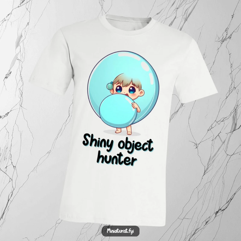 Funny t-shirt of a small person surprised and delighted, clutching an enormous shiny button, humorous apparel.