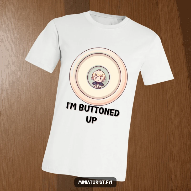 Funny t-shirt showing a miniaturist character peeking out from a giant, upside-down button, perfect for adding quirky charm.