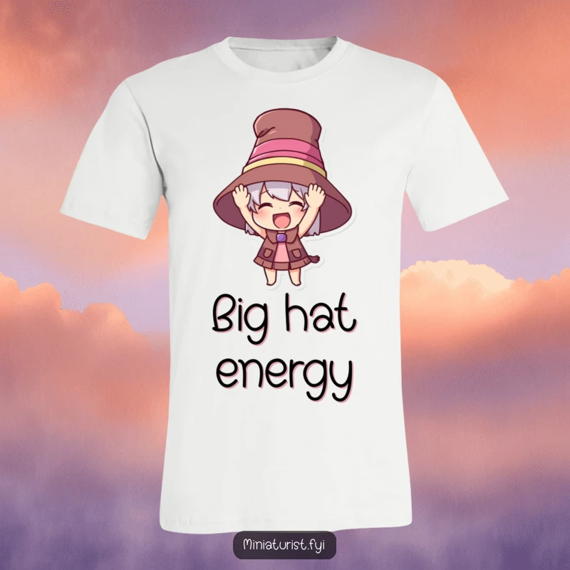 Funny t-shirt depicting a miniature figure excitedly trying on a ridiculously huge hat, showcasing a funny fashion moment.