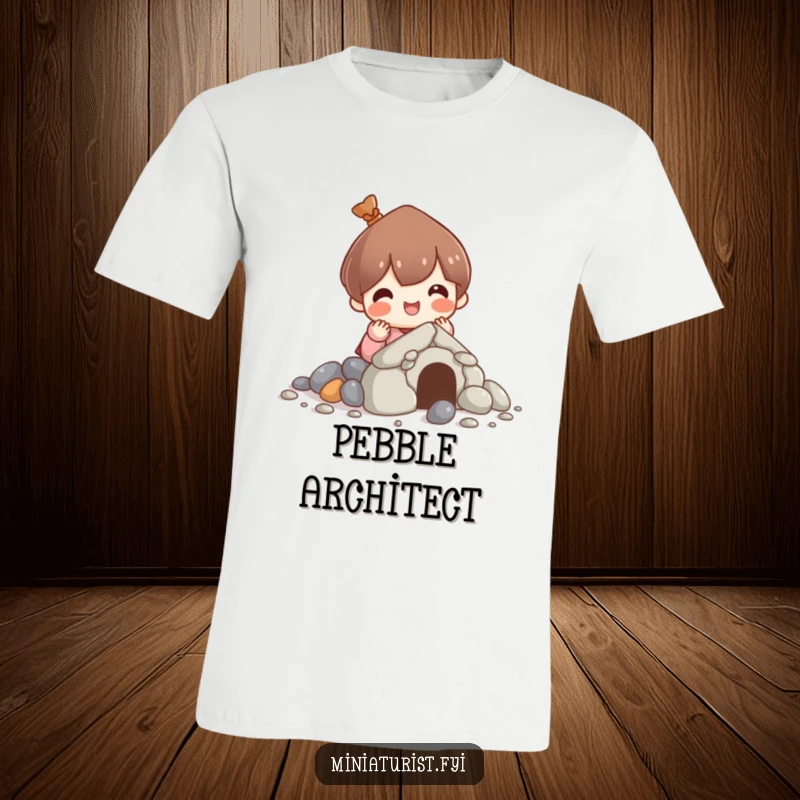Funny t-shirt of a character joyfully constructing a house from small pebbles, representing a passion for building and cozy creation.