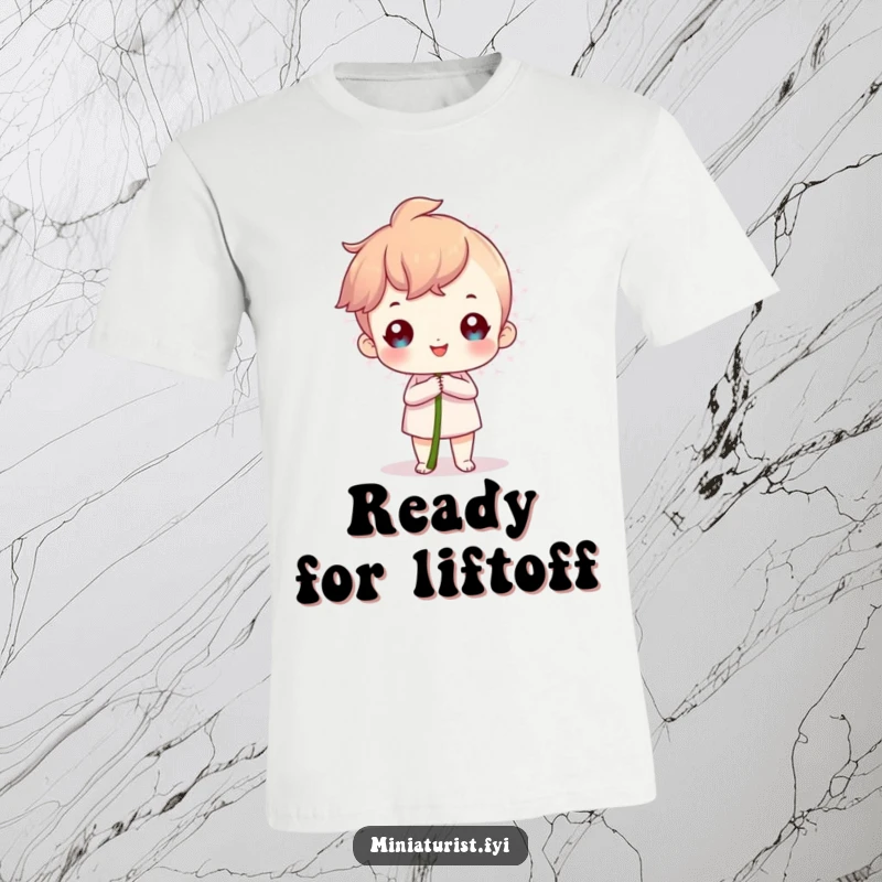 Funny T-Shirt showing a proud miniature character holding a giant dandelion seed, celebrating achievements.