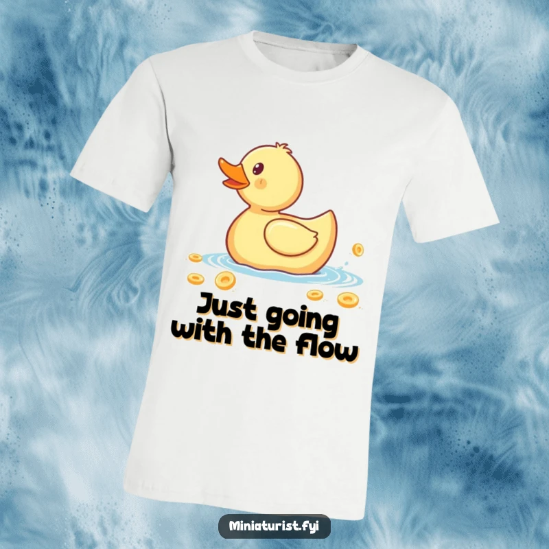 Funny t-shirt graphic of a minuscule rubber ducky paddling a giant cereal flake, depicting a frantic and humorous breakfast struggle.