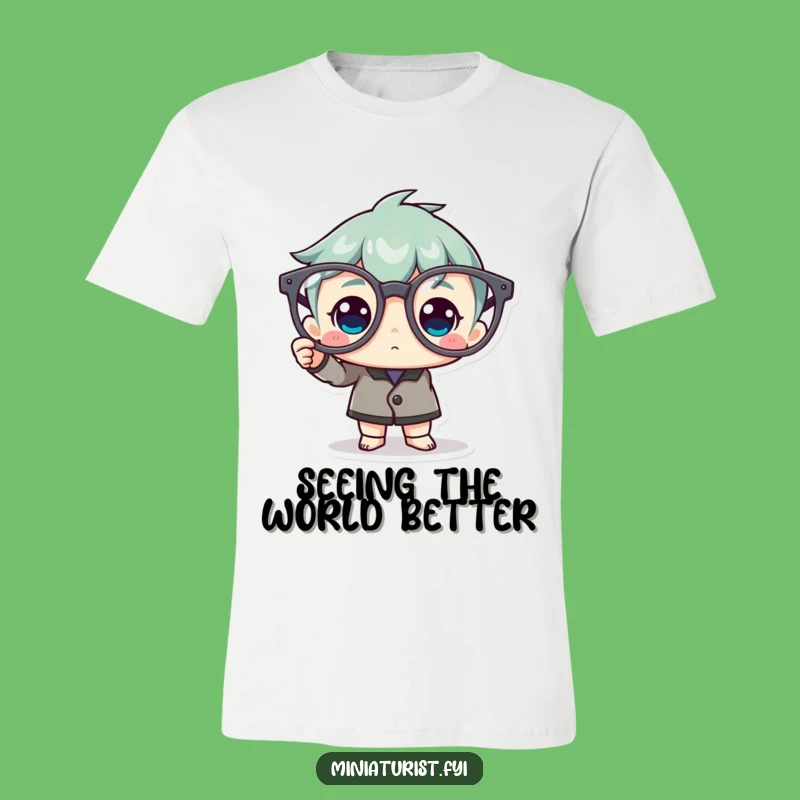 Funny Spectacle Polisher T-Shirt: Tiny Character with Giant Glasses, Humorous Tee