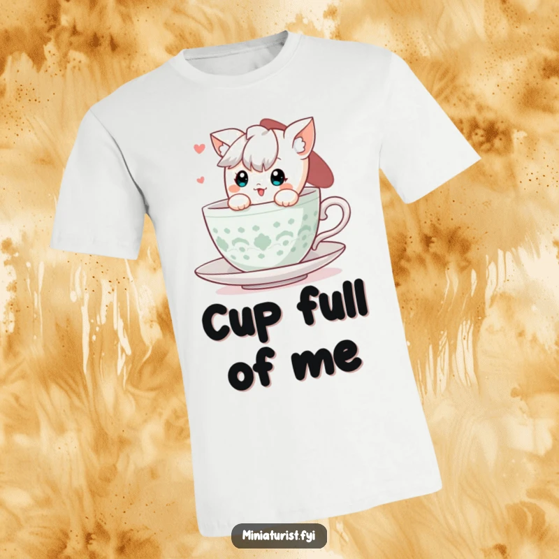 Funny Teacup Peek T-Shirt: A cute character peeking out of a small teacup, showcasing a delightful surprise.