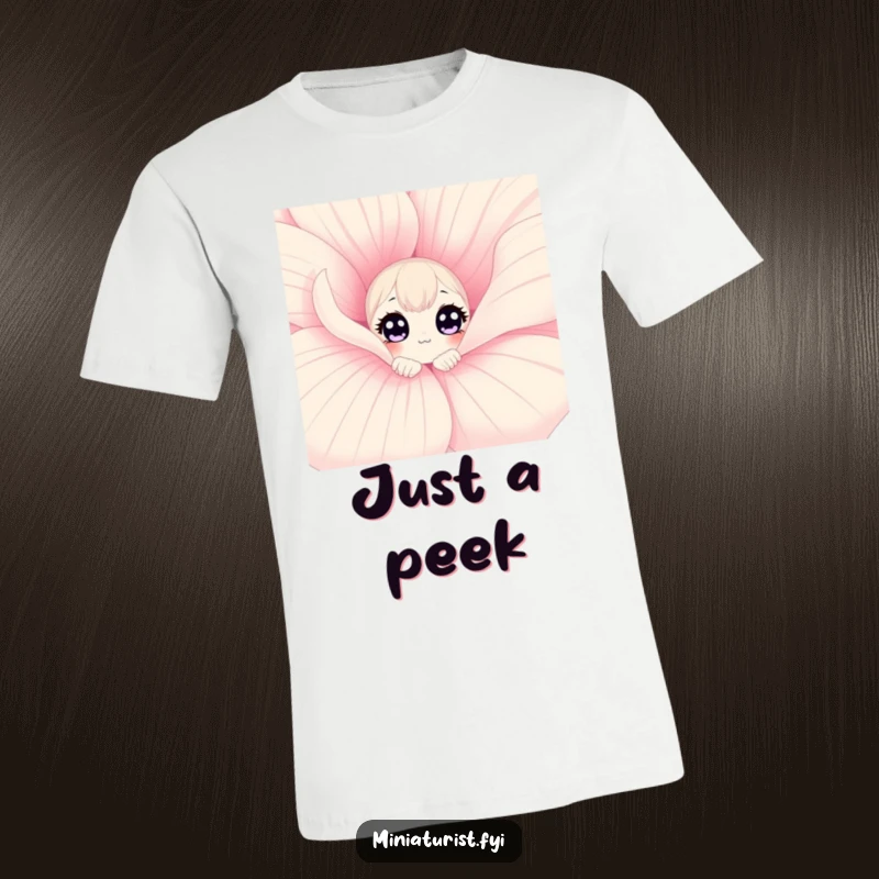 Funny t-shirt featuring a small character with wide, curious eyes peeking out from behind a giant flower petal, full of wonder.