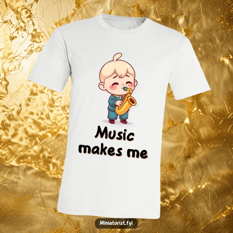 Funny saxophone t-shirt featuring a miniature character playing a tiny saxophone with great enthusiasm, capturing the joy of music.